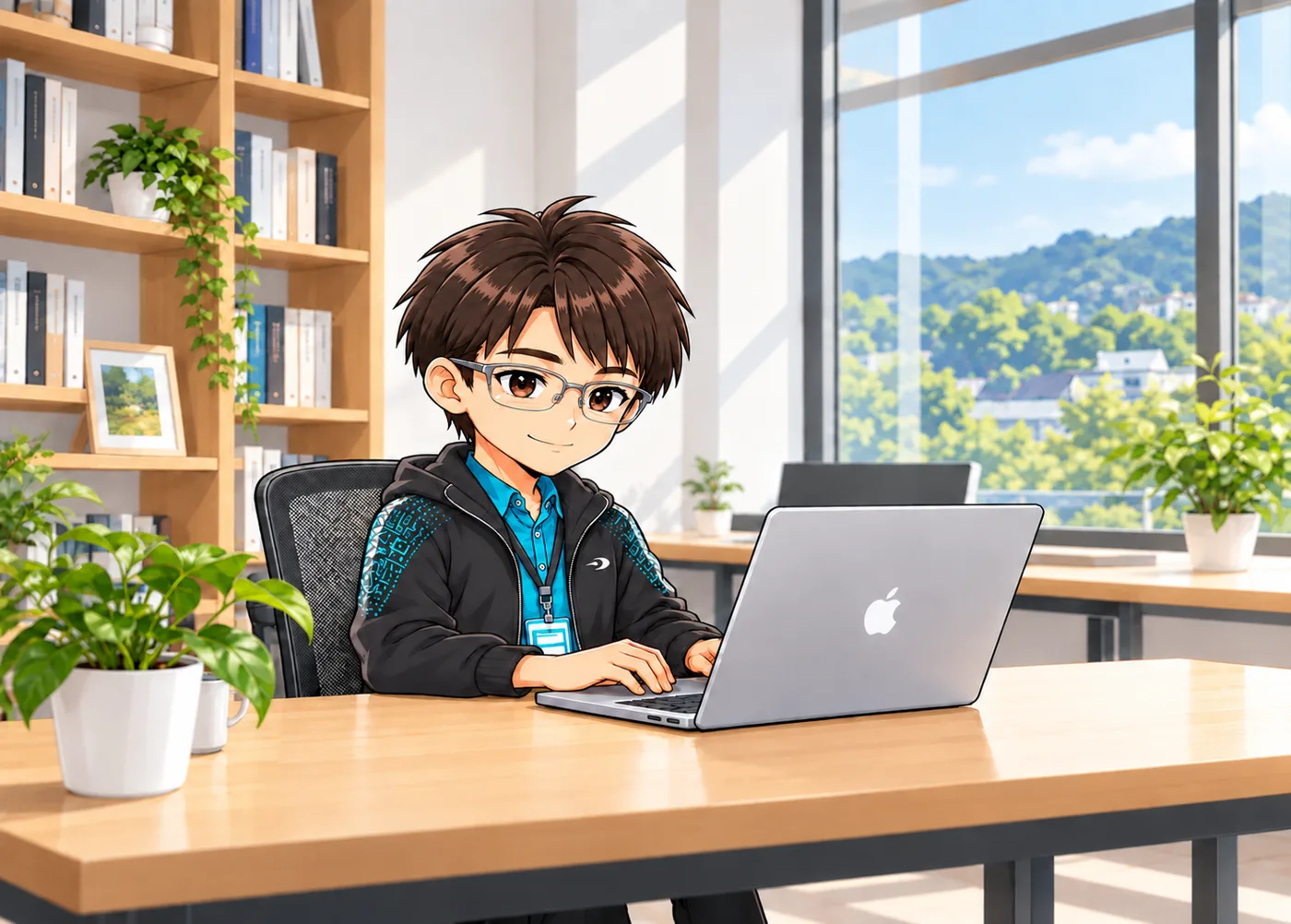 オフィスでノートパソコンに向かう代表・加藤のイラスト
