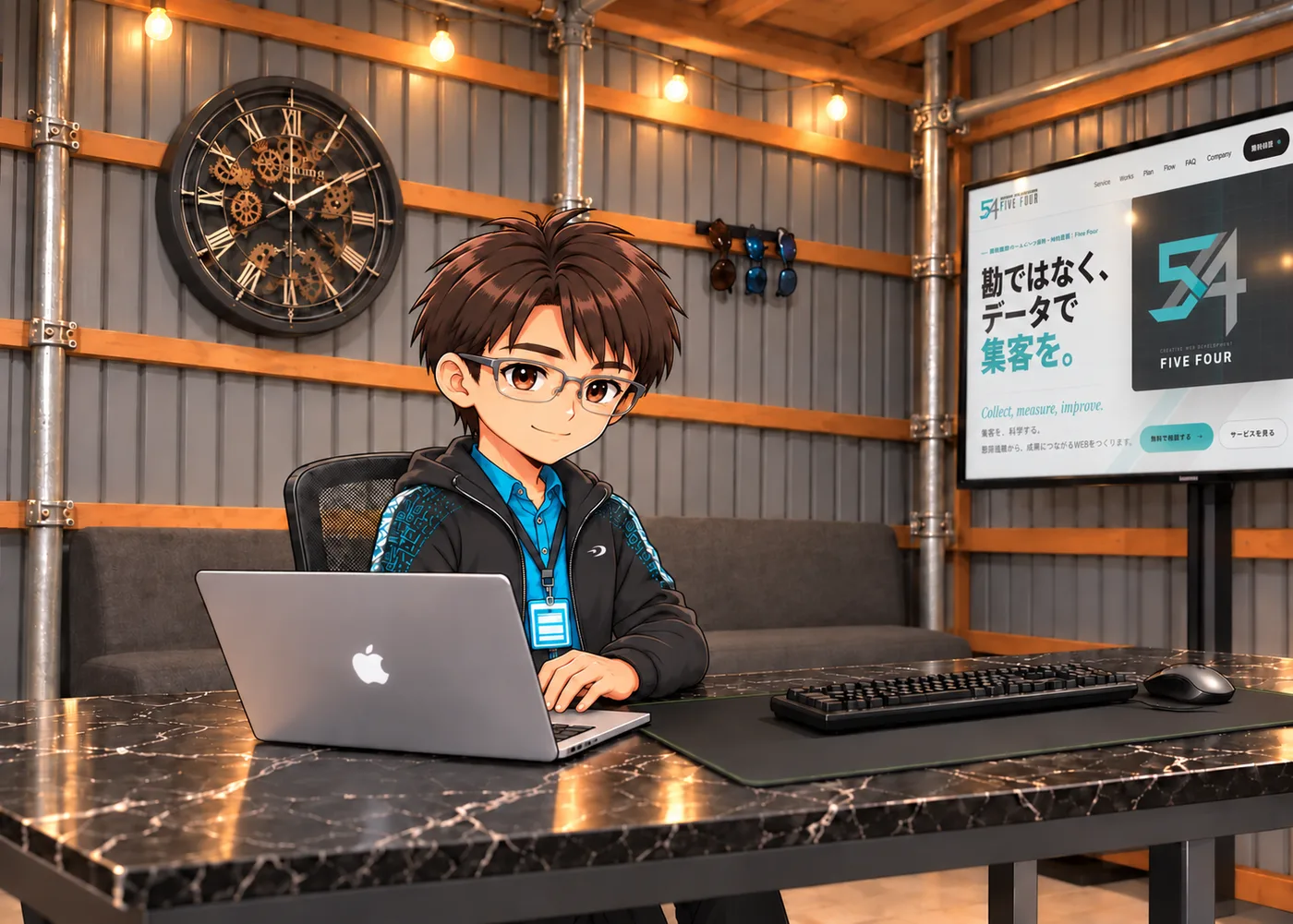 倉庫を改装したオフィスで、大きな時計と自社サイトを映したモニターを背にノートパソコンに向かう代表・加藤のイラスト